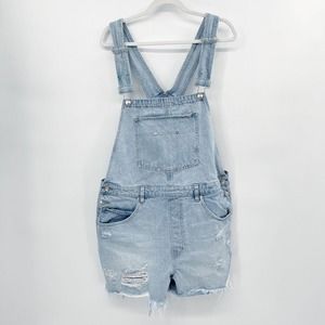 Free People June Shortalls Overall Shorts Indigo Blue Size L Distressed Raw Hem
